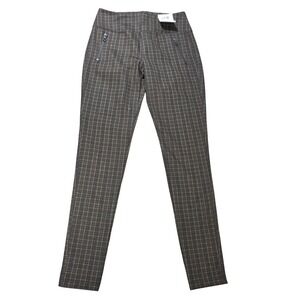Vylette High Rise Ponte Leggings Womens Size M Brown Plaid Skinny Pocket Zip NWT